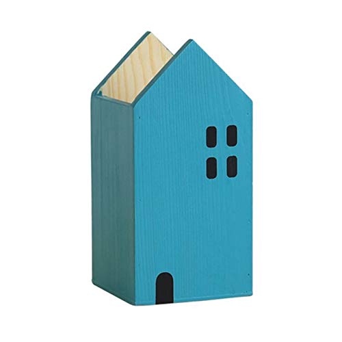 Pot à crayons en bois maison bleu L : grand organiseur de bureau pour fournitures scolaires