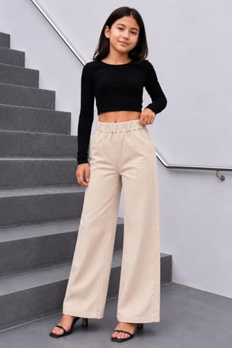 Image of ADBUCKS Girl's Stretch Denim Wide Leg Jeans Comfort Fit with Elastic Waistband, Straight Cut, Casual Style for All Seasons, Versatile Clothing
