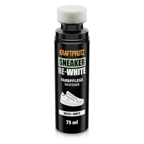 Schuhfarbe Weiß 75 ml Sneaker Whitener für weiße Schuhe deckt Verfärbungen & Vergilbungen ab für weiße glatte Materialien mit Schwamm-Applikator KRAFTPROTZ RE-WHITE
