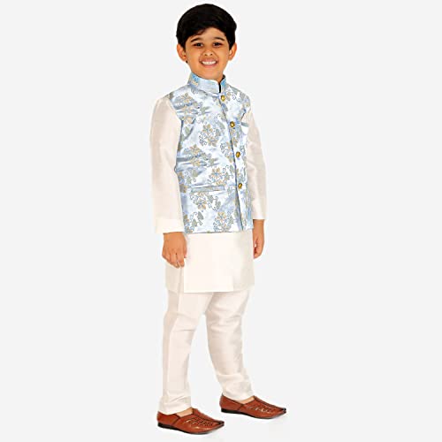 Image of Pro-Ethic Style Developer Kurta Pajama For Kids Boys With Waistcoat | Silk | Floral | Traditional Dress (S-209)