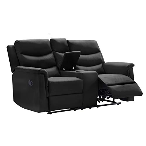 Pannow Double Recliner Loveseat with Console Slate, Double Reclining Sofa with Cup Holder, 2-Seater with Flipped Middle BACKREST Black PU, Theater Seating Furniture Sofa Bed, Black PU