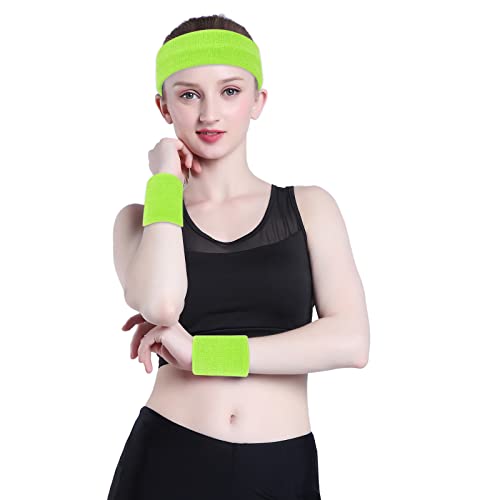 Image of ONUPGO Sweatband Set Sports Headband Wrist Striped Sweatbands Terry Cloth Wristband Athletic Exercise Basketball Wrist Sweatband and Headbands Moisture Wicking Sweat Absorbing Head Band Neon Green