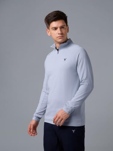 Image of TECHNOSPORT Men's Solid Quarter Zip Gym Slim Fit Active Sports T-Shirt with COTFLEX Full Sleeve Cotton Feel Polyester 4-Way Stretch Memory Fabric Lightweight Workout Running Training