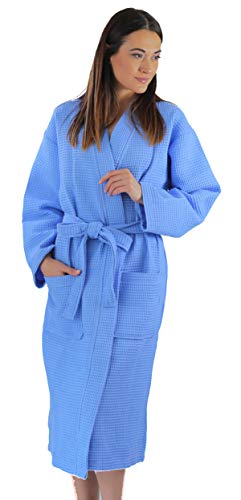BAGNO MILANO Womens Waffle-Knit Bathrobe  Lightweight Spa Robe, Made in Turkey (Blue, S-M)