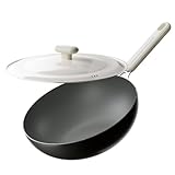 Carbon Steel Wok Pan - 11.8 Inch Pre-Seasoned Flat Bottom Chinese Woks & Stir Fry Pans with Lid, Lightweight Kitchen Cookware for All Stovetops, Gas, Electric, Gift Set for Women/Mom