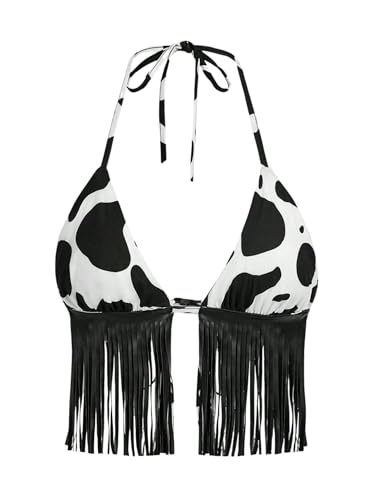 Women Western Cowgirl Fringe Top - Country Concert Outfits Sexy Halter Cow Print Festival Rodeo Rave Tank Shirt