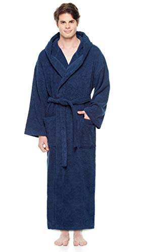 Albornoz de algodón turco premium Arus largo con capucha azul hombre 4