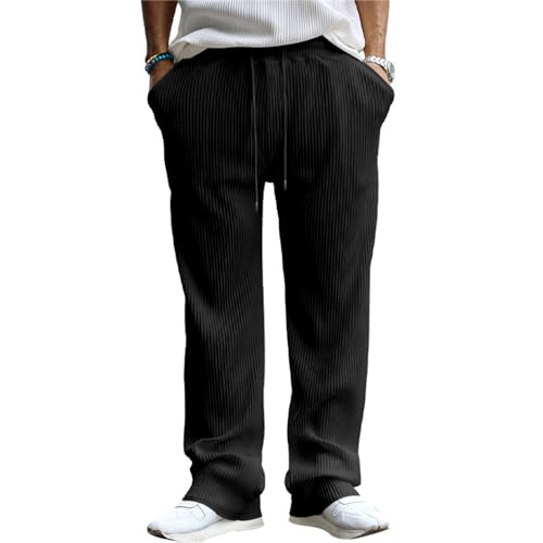 Men's Corduroy Pants Solid Color Straight Leg Sweatpants Drawstring Elastic Waist for Travel Sports Casual Wear
