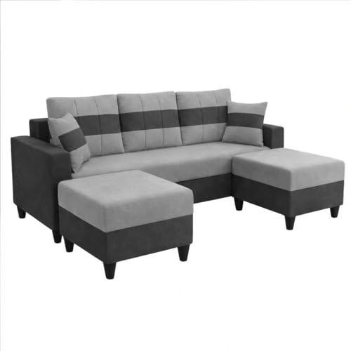 Image of Cavona 5 Seater L Shape Sofa Set with 2 Movable Ottomans | Flexible Layout | Luxury Velvet Suede Fabric | Modern Living Room Sofa | Dark Grey-Light Grey