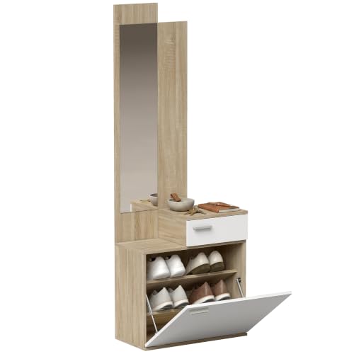 HOMCOM Recibidor de Entrada con Espejo Zapatero Abatible 61x30x170cm Blanco
