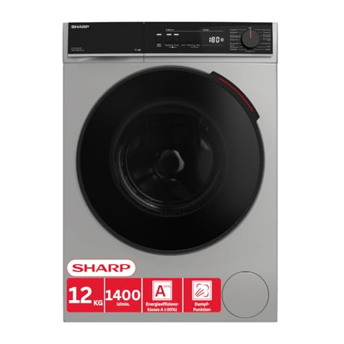 SHARP ES-PRO214SA-DE Waschmaschine Frontlader, 12kg, 1400U/min, Smarte Bedienung durch Veezy App, Dampffunktion, Inverter, 15 Programme, AquaStop, Silber