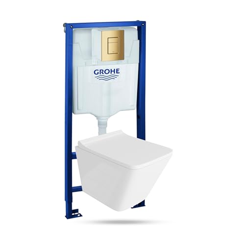 Lavita Vorwandelement Solido + Wand Hänge WC Lago Weiß Spülrandlos + WC Sitz mit Absenkautomatik Goldener Knopf Komplettset Unterputz Spülkasten Toilette Komplett Sett WC