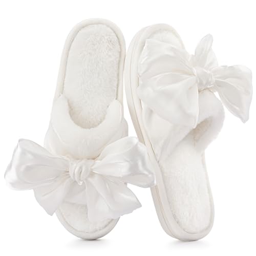 ULTRAIDEAS Women's Fuzzy Plush Open-Toe Slippers with Large Velvet Bow House Slides Slippers, Fur White, 9-10