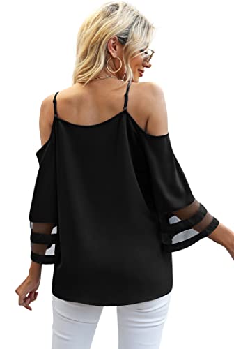 Jouica Womens Summer Cold Shoulder Tops Mesh Panel 3/4 Bell Sleeve Tees Adjustable Spaghetti Strap Loose Fit Shirts2