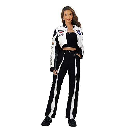 Aelfric Eden Women's Motorcycle Crop Jacket Letter Hiphop Streetwear Vintage Casual Jacket Graphic Print Color Block Baseball Varsity Coats #TOP4