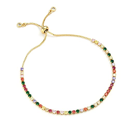 CANYEN® 2mm Rainbow Tennis Bracelets, Dainty Gold Rhinestone Bracelet for Women, Mini Colored Diamond Bracelet, Multicolor Cubic Zirconia Bling Crystal Bracelets, Small Colorful CZ Bolo Bracelets, Tiny Adjustable Non Tarnish Waterproof Mothers Day Jewelry Gifts