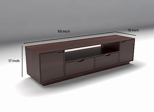 Image of DRIFTINGWOOD Malvina Sheesham Wood Entertainment Tv Unit for Living Room | Free Standing Movable Low Height Tv Cabinet Sideboard | Tv Table with 2 Drawer, 2 Door Cabinet Storage | Walnut