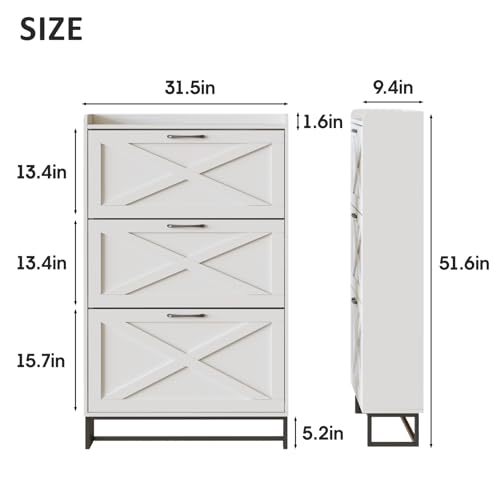 Image of Maupvit Shoe Storage Cabinet with 3 Flip Drawers, Freestanding Organizer with Metal Legs for Entryway, Narrow Shoe Rack Cabinet, White