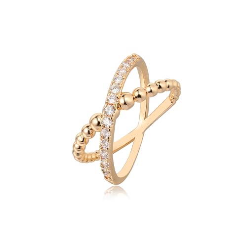 Bead Criss Cross Wedding Band for Women Cubic Zirconia Engagement Ring 14K Gold Plated Trendy Stackable Rings Eternity Band for Her Size 6-82