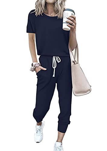 Image of PRETTYGARDEN Women Summer Two Piece Outfits Striped Short Sleeve Pullover and Long Pants Tracksuit Travel Pajama Lounge Set