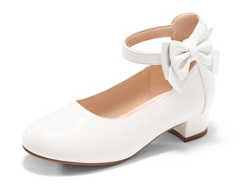 Image of Coutgo Girls Dress Shoes Flower Girl Bow Chunky Heels Closed Toe Ankle Strap Pumps Wedding Party Princess Shoes