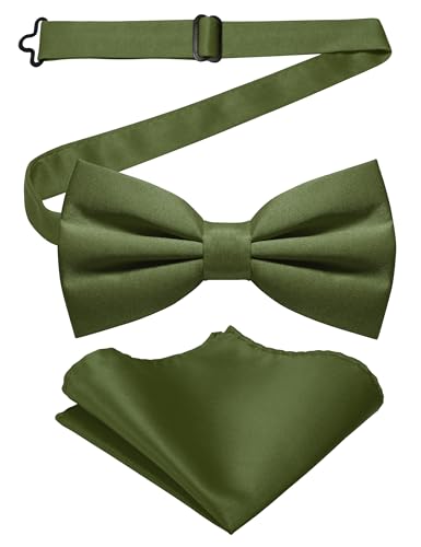 JEMYGINS Herren-Set aus Solider Mattierter Bifold-Fliege mit Einstecktuch,Olivgrün