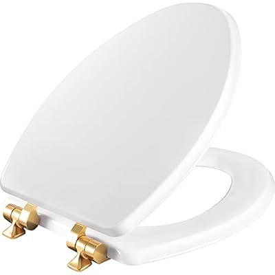 Mayfair Benton Toilet Seat with Brushed Gold Hinges, Slow Close Wood Seat, Secure Metal Hinges, Easy Install, Elongated, White