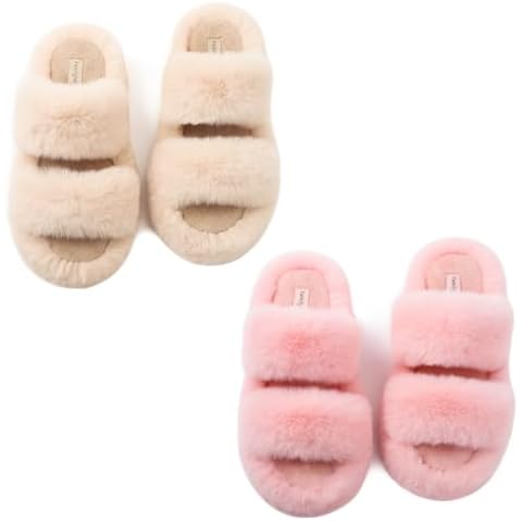 FamilyFairy Women's Fluffy Faux Fur Slippers Comfy Open Toe Two Band Slides with Fleece Lining and Rubber Sole Cover