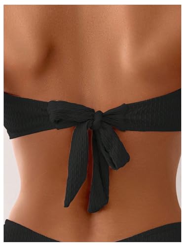 MakeMeChic Women's Two Piece Bikini Set 3D Flower Textured Strapless Bandeau Tie Back Bathing Suit3