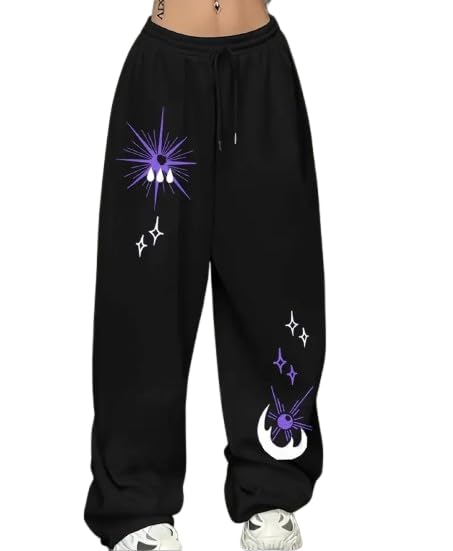 AVYARA Women's Black Baggy Joggers with Purple Moon and Star Print – Relaxed Fit Cotton Track Pants for Casual Wear-picture-47