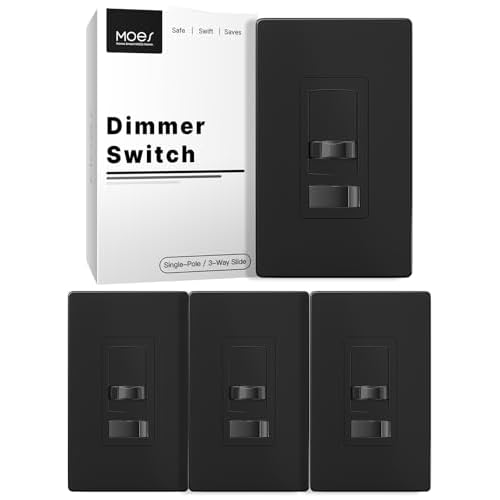 MOES Black Dimmer Light Switches 4 Pack, 3 Way & Single Pole Dimmable Switch for LED,CFL,Incandescent,Halogen, 600Watt Max, ON/Off Switch with Dimming Slide, No Neutral Wire Required Black 4
