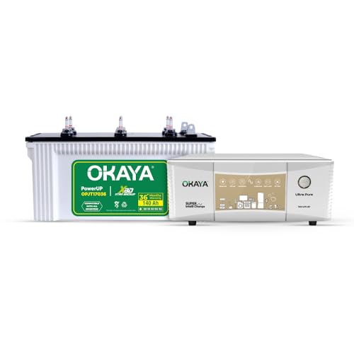 Okaya Inverter & Battery Combo (Ultra Pure TSW 1175 True Sine Wave 925VA/12V with PowerUP OPJT17036 140Ah/12V) Inverter with Battery for Home, Office & Shops