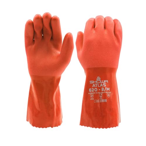 SHOWA Atlas 620 Double-Dipped PVC Chemical Resistant Gloves, Rough Finish Grip, Seamless Cotton Liner, 12" Length, Blue, X-Large, Vending 12-Pack by SHOWA - Used condition - US$45.11