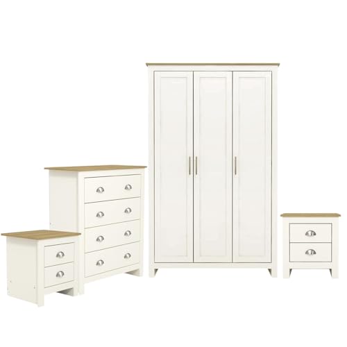 HOMELIFE Jack Wills Lancaster 4 Piece Bedroom Set Wardrobe Drawer Chest Bedside Table Cream