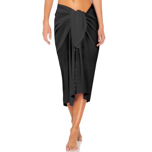 DiULi Strand Wickelrock Sarong, Damen Sarong Pareo Schwarz, Wickeltuch Bikini Cover Up mit Quasten, Wickelrock Groß für Strand Rock Swimsuit