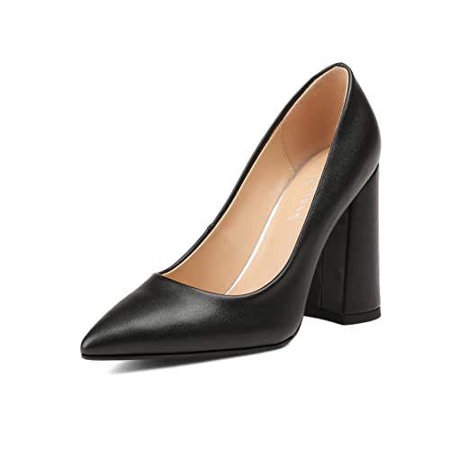 MESSPCK Women's Chunky Block Heels Closed Toe Pumps Pointed Toe High 