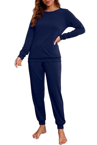 PrinStory Set pigiama da donna a maniche lunghe e pantaloni del pigiama per le donne con tasche indumenti da notte morbidi pigiama set da salotto, blu navy, S