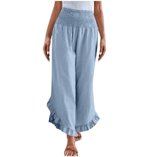 Wide Leg Pants Woman,High Waisted Flowy Pants for Women Ruffle Hem Cropped Elastic Waist Beach Office Boho Trousers