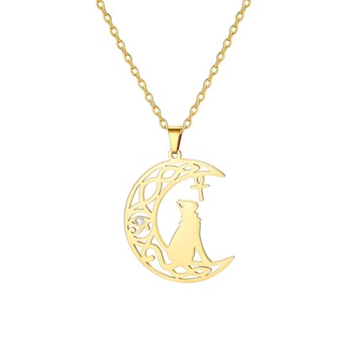 エジプト神聖な守護猫ネックレス - チタンスチール月ペンダント アンク & ホルスの眼付き ヴィンテージ神秘的な守護ジュエリー 猫好きに最適