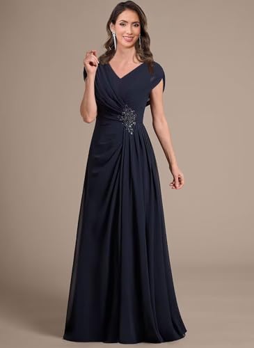 Cap Sleeves Mother of Bride Dresses for Wedding Sparkly Beaded Ruched V Neck Chiffon Evening Dress for Women4
