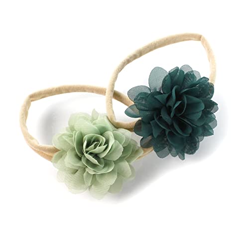My Lello Baby Girl Rounded Petal Chiffon Flower Nylon Elastic Headbands Set 2pcs - Small - Light Sage/Hunter Green