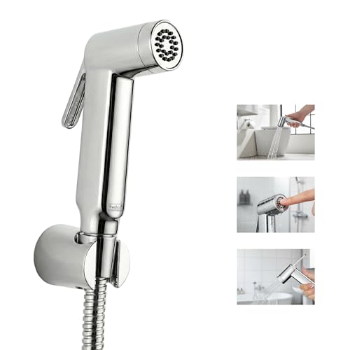 Image of Freshco Cubo Rubclean Health Faucet Set for Toilet with German Engineered Flexible SS304 Hose (1.2m) & Wall Hook | Handheld Bidet Sprayer | High Pressure Jet Spray | Anti-Clog Nozzles | Chrome