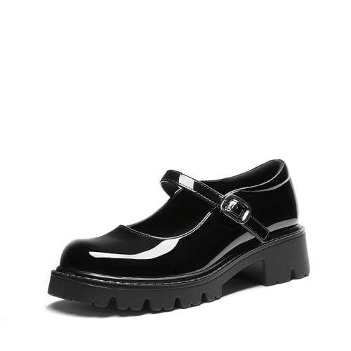 DREAM PAIRS Mary Jane Platform Shoes for Women Closed Toe Chunky Block Heel Cute Dress Shoes,Size 6,Black-Pat,SDPU26015W