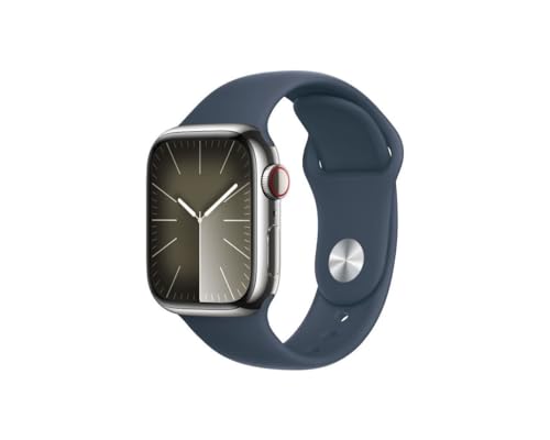Apple Watch S9 [GPS + Celular, 41mm] Caja de Acero Inoxidable Plateada y Correa Deportiva Azul Tormenta, M/L (Reacondicionado)