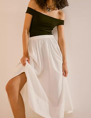 Zontroldy Women's Fashion Midi Skirt Elastic Waist Pleated Casual Cotton Long Skirts with Pockets2