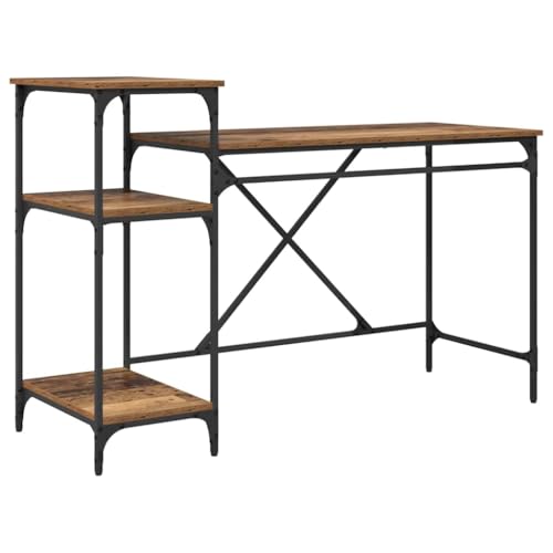 HETFTJN Bureau d'ordinateur industriel en bois recyclé - 135 x 50 x 90 cm - En bois avec 3 étagères - Grand espace de rangement - Robuste - Design loft...