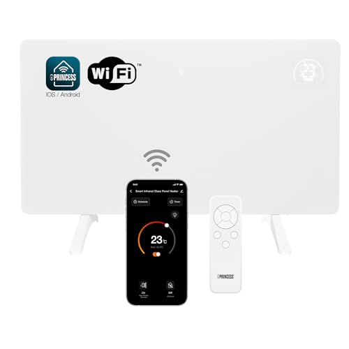 Princess Calefactor de infrarrojos inteligente - Cristal de carbono - 480 W - Termostato regulable hasta los 50 °C - Temporizador 24 h - Programación semanal - Blanco o Negro (Blanco)