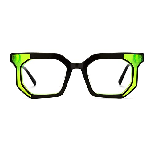 Vita Sharks Montures de lunettes rectangulaires unisexes pour lunettes modernes tendance. Monture en plastique insolite noir et vert anis, bord complet, Noir vert citron, Small