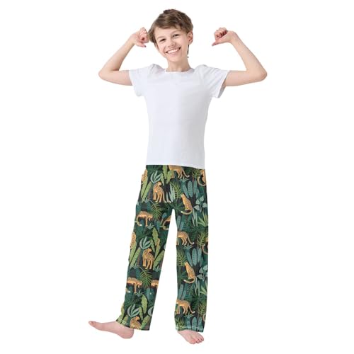 ZZXXB Leopard Palm Leaves Boys Long Pants Soft Trousers Elastic Waist Kids Lounge Bottoms with Pockets S-XL2