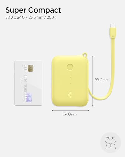 Image of Spigen ArcPack 10000mAh Power Bank with Built-in USB-C Cable,30.0W Fast Charging, 1 Type-C Cable, 1 Type-C Port, 1 USB-A Port - (ABS + PC | Pastel Yellow)